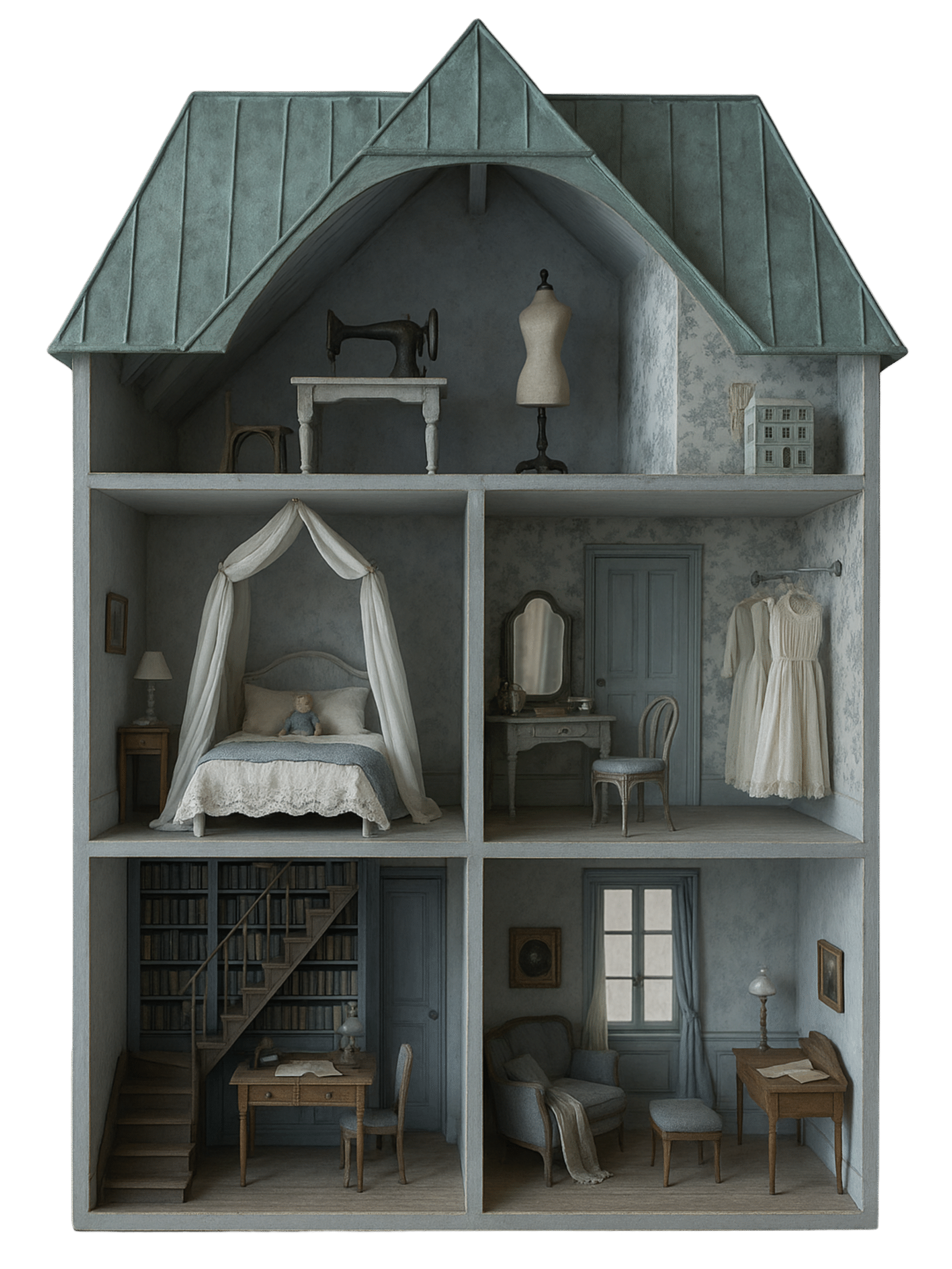 Open dollhouse with six rooms