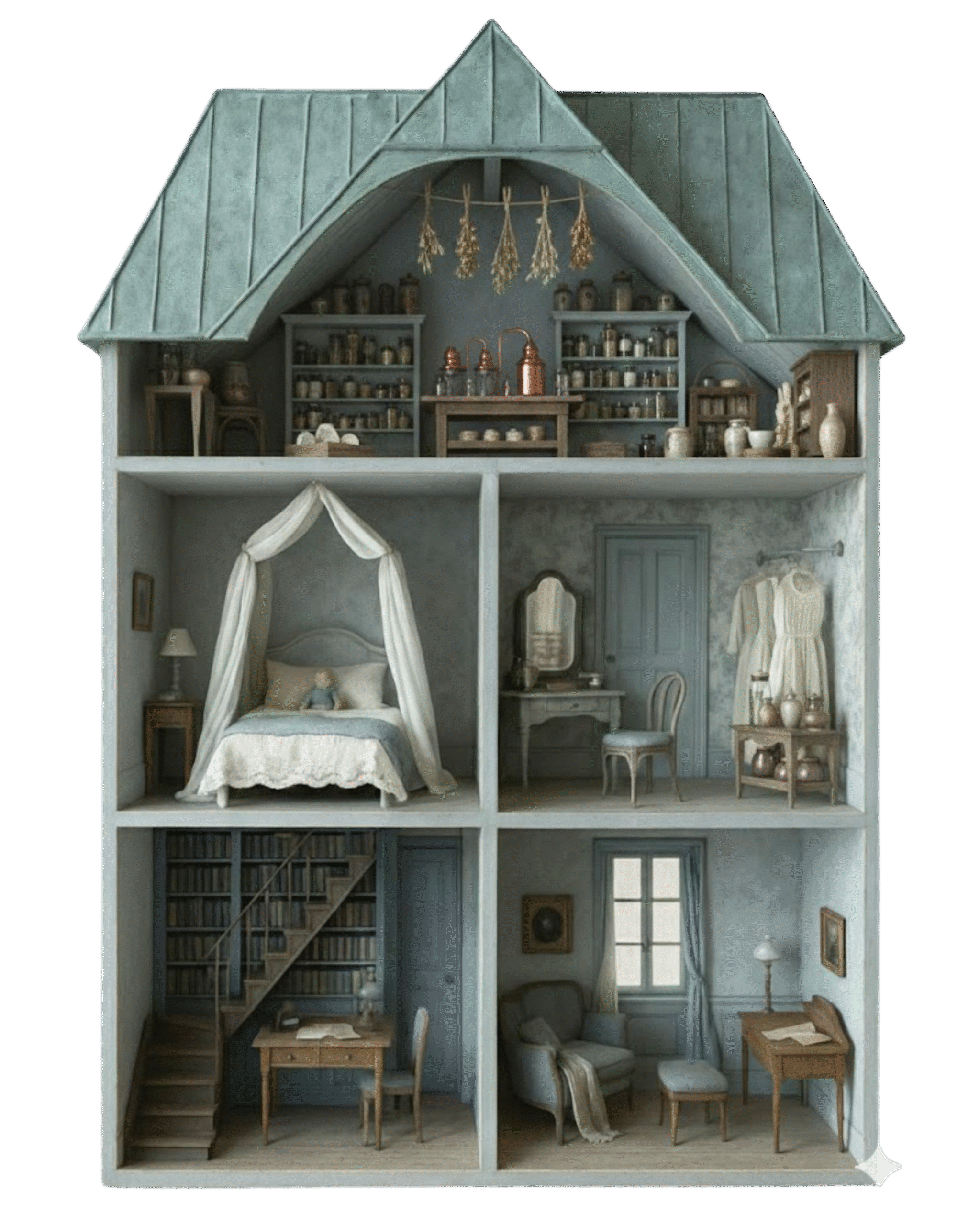 Open dollhouse with six rooms
